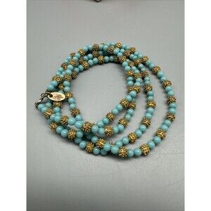 Vintage Les Bernard Inc 30” Blue Gold-tone Bead Necklace Long